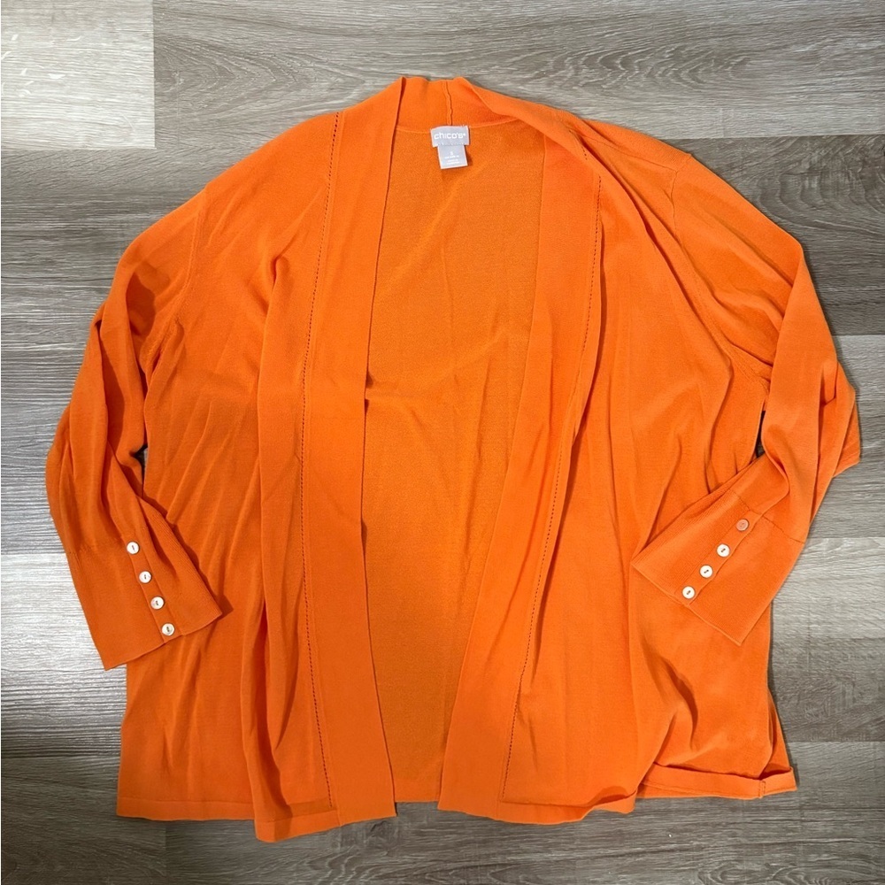 Chico's Vibrant Orange Open Front Cardigan with relaxed drape  style. Size XL